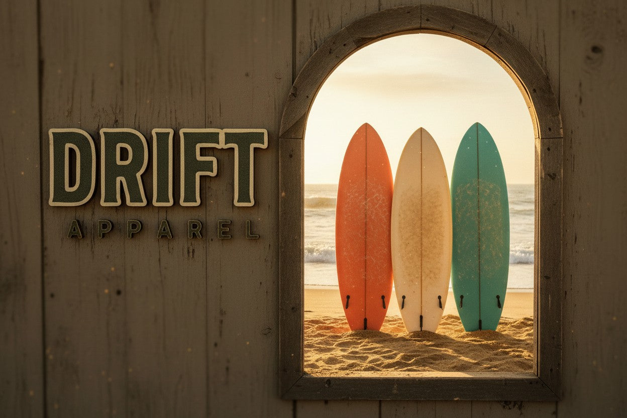 Drift Apparel — three surfboards on a beach at sunset, viewed through an arched window