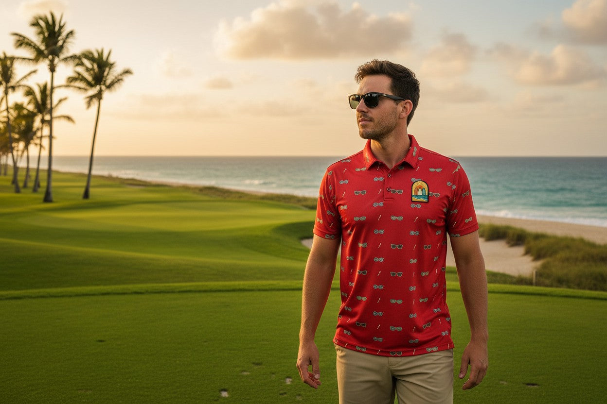 Golfer wearing the Drift Course Polo in red on a coastal fairway at sunset